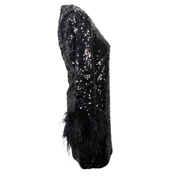 Alice + Olivia Delora Black Sequin Feather Mini Dress US 8 Party Cocktail - Picture 4 of 8